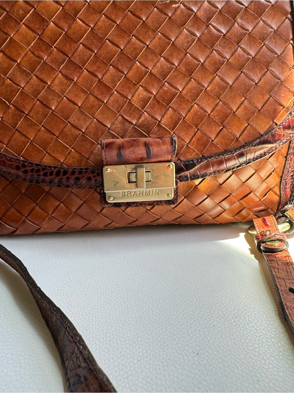 Brahmin Debi Pecan Melbourne Brown Leather Woven Satchel Crossbody Bag - Picture 2 of 12